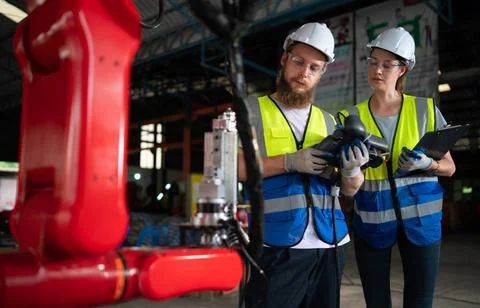Both of engineers installing and testing a large robotic arm. before sendi... Foto stock