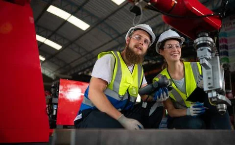 Both of engineers installing and testing a large robotic arm. before sendi... 写真素材
