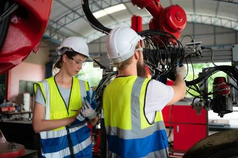 Both of engineers installing and testing a large robotic arm. before sendi... Stock Photos