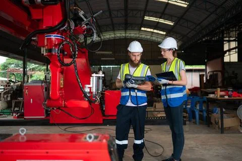 Both of engineers installing and testing a large robotic arm. before sendi... 写真素材