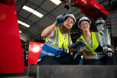 Both of engineers installing and testing a large robotic arm. before sendi... 写真素材