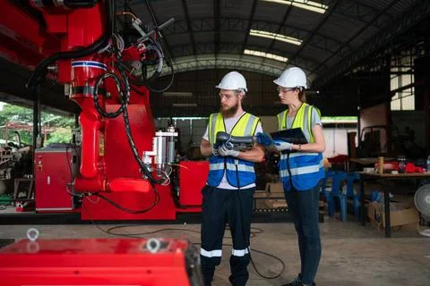 Both of engineers installing and testing a large robotic arm. before sendi... 写真素材