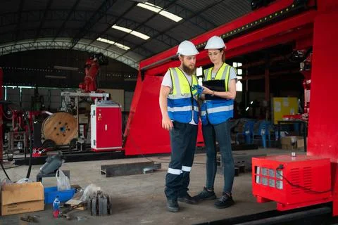 Both of engineers installing and testing a large robotic arm. before sendi... Stock Photos