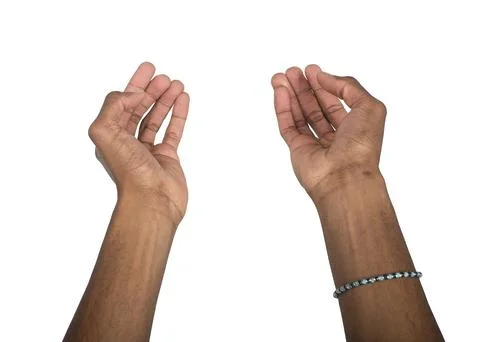 Both hands raised with open cupped palms in front position. Black skin male Stock Photos