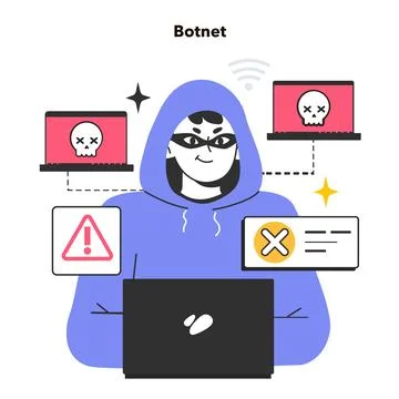 Botnet. Network of computers infected with malware. bot-herder Stock Illustration