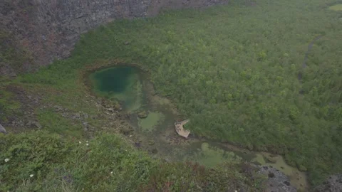 Botnstjorn pond and platform below Asbyrgi cliffs, Iceland, high angle static Stockbeeldmateriaal 348338726