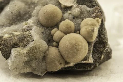 Botryoidal aragonite featuring spherical beige crystal formations on dark m.. 写真素材