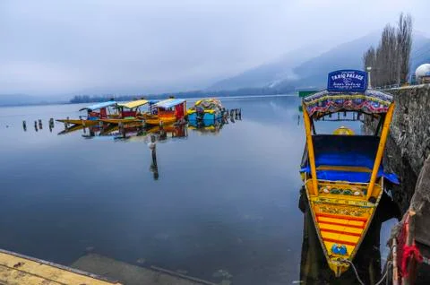 Bots called "Shikara" are often used by residents of Kashmir on the Dal Lake Stock Photos
