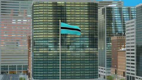 Botswana Flag 3D Render Animation on Pole with Modern Business District Buil Stock-Footage 332883957