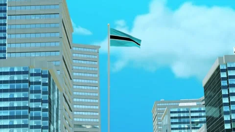 Botswana Flag 3D Render Animation with Urban Architecture and Clear Blue Sky Stock-Footage 333053806