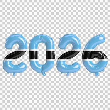 Botswana flag colors 2026 3d illustration, balloon numbers 3d rendering on .. Stock Illustration
