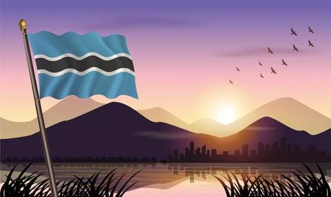 Botswana flag flying against a beautiful sunrise sky. Stock Illustration