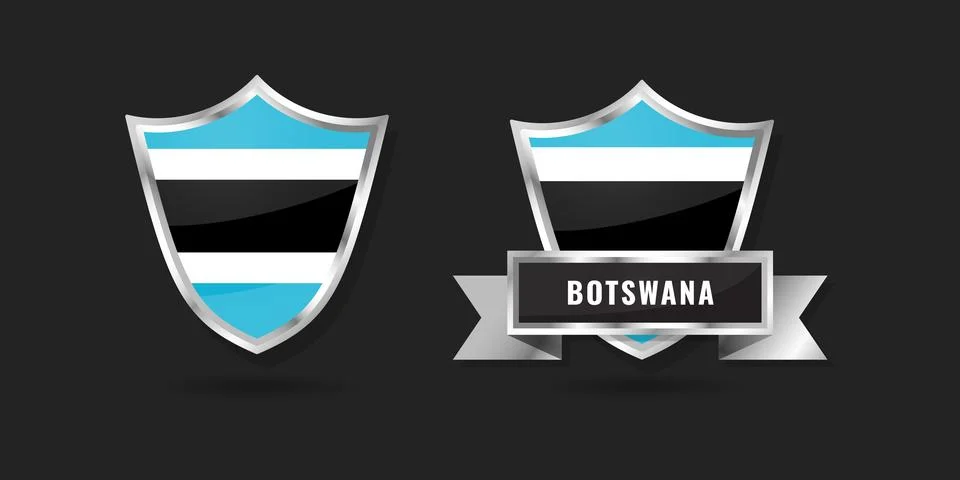Botswana Flag Shield Emblem Set, Glossy Silver Badges with Ribbon, Republic.. Stock Illustration