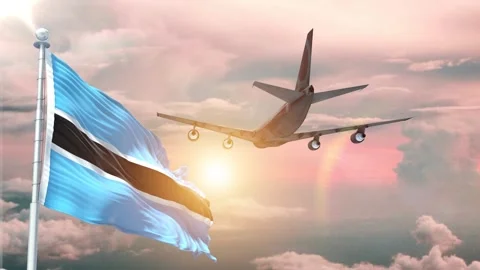Botswana flag Waving Realistic With Sky Plane Takes Off At Sunrise Stock Footage 294596552