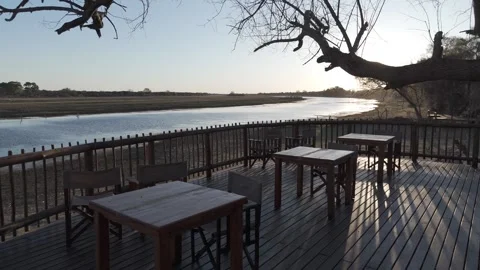 Botswana flying through a riverside restaurant at sunset Stock Footage 278276291