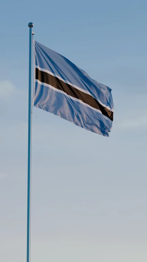  Botswana, Gaborone: Cinematic Vertical Waving National Flag Against Blue Sky Stock Footage 321801427