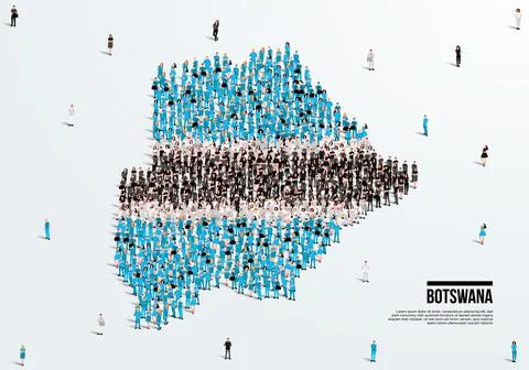 Botswana Map and Flag. A large group of people in the Botswana flag color. Stock Illustration