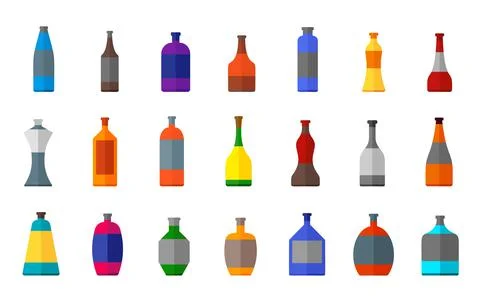Bottle alcohol beverage flask flat jar icon set Stock Illustration