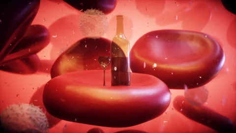 Bottle and blood cell inside human body. harm of alchohol concept. Realistic 4k Vidéo 244617880