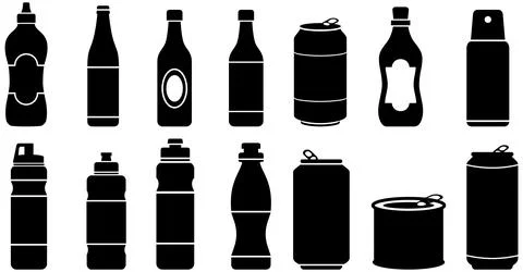 Bottle and Can Silhouette Set   Beverage Container Vector Icons Collection Stock Illustration