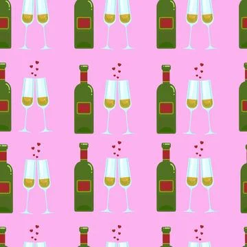 Bottle and glass seamless pattern, Valentine s Day hearts champagne glasses Stock Illustration