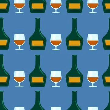 Bottle and glass seamless pattern, Vector background with alcohol. Stock Illustration