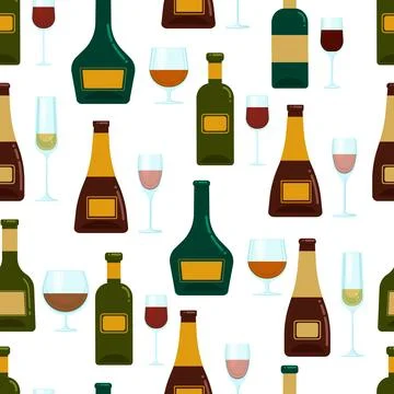 Bottle and glass seamless pattern, Vector background with alcohol. Stock Illustration