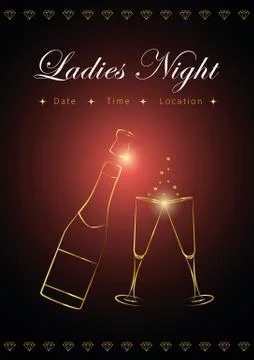 Bottle and glasses of champagne vector ladies night poster Illustrazione stock