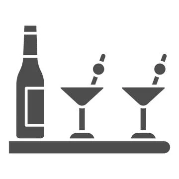 Bottle and glasses of cocktails solid icon, Bartenders Day concept, Cocktail bar Illustrazione stock