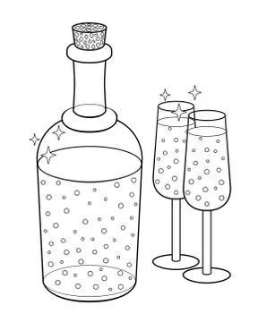 Bottle and two glasses - vector linear picture for coloring. Stock Illustration