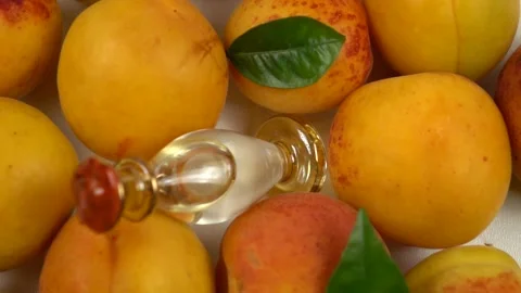 Bottle with apricot kernel oil placed on the fresh apricot fruit,  slow motion Stock Footage 278038543
