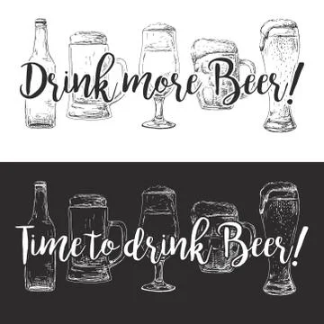 Bottle of beer, different glasses and mugs of beer. Stock Illustration