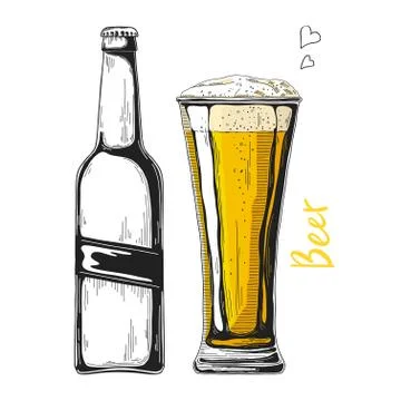 Bottle of beer. Glass with beer. Vector illustration of a sketch style Stock Illustration