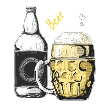 Bottle of beer. Glass with beer. Vector illustration of a sketch style Stock Illustration