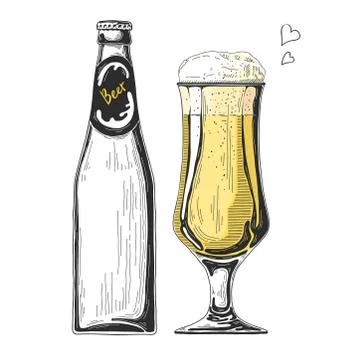 Bottle of beer. Glass with beer. Vector illustration of a sketch style Stock Illustration