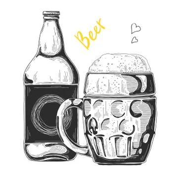 Bottle of beer. Glass with beer. Vector illustration of a sketch style Stock Illustration