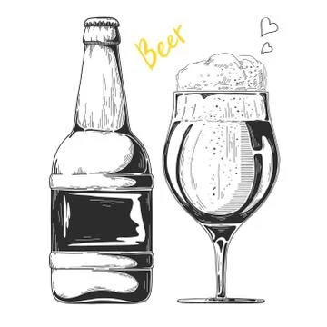Bottle of beer. Glass with beer. Vector illustration of a sketch style Stock Illustration