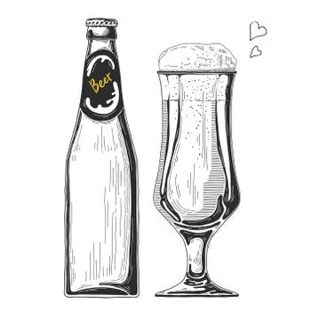 Bottle of beer. Glass with beer. Vector illustration of a sketch style Stock Illustration