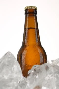 Bottle of beer in ice cubes. Close up. White background Stock Photos