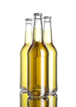 The bottle of beer on the white softbox background and mirror table Stock Illustration