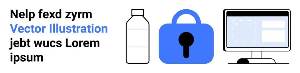 Bottle, blue lock, and computer screen with code showcase digital security co 스톡 일러스트