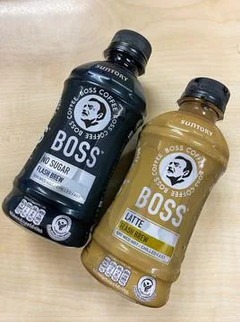 Bottle of Boss coffee on the table Foto stock