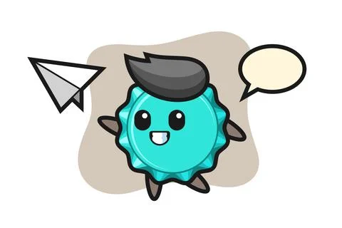 Bottle cap cartoon character throwing paper airplane Stock Illustration
