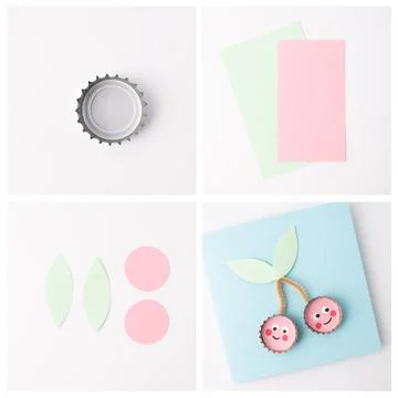 Bottle cap craft concept for kid and kindergarten, DIY, tutorial, step by s.. 스톡 사진