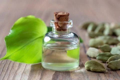 A bottle of cardamon essential oil with cardamon seeds and leaves Stock Photos