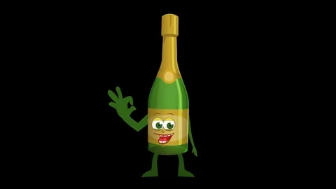 Bottle Champagne. 6th Pose Ok with Animated Face. Alpha Channel 스톡 동영상 72342883