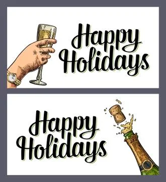 Bottle of Champagne explosion and hand hold glass. Stock Illustration