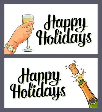 Bottle of Champagne explosion and hand hold glass. Stock-Illustration