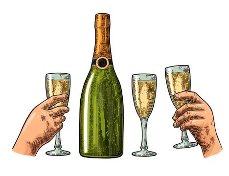 Bottle of champagne explosion and hand hold glass. Stock Illustration