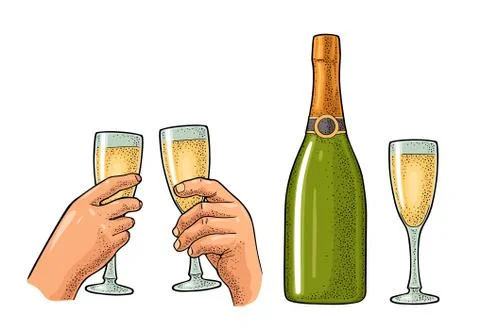 Bottle of champagne explosion and hand hold glass. Stock Illustration